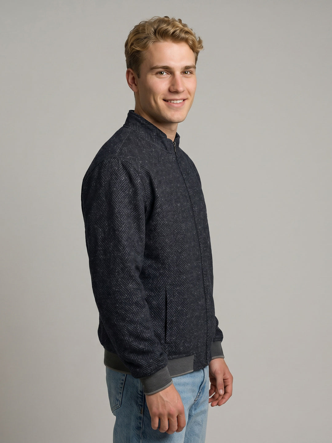 Men Navy Blue Solid Collar Full Sleeve Reversible Jacket