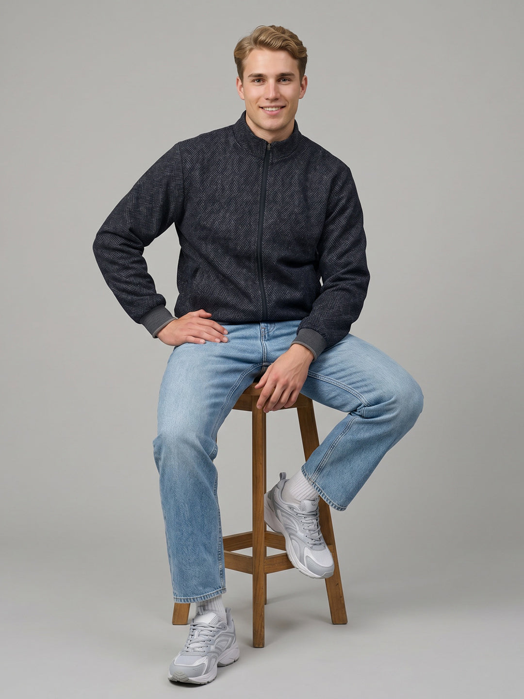 Men Navy Blue Solid Collar Full Sleeve Reversible Jacket