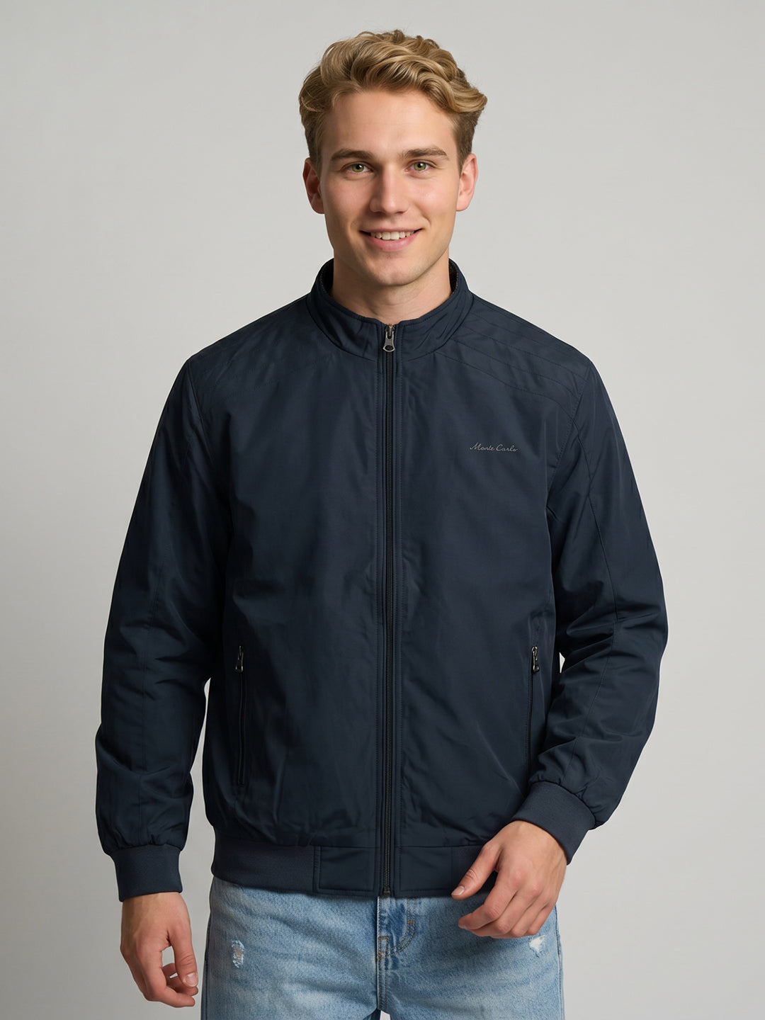 Men Navy Blue Solid Collar Full Sleeve Reversible Jacket