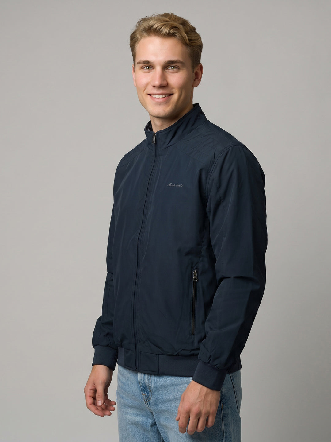 Men Navy Blue Solid Collar Full Sleeve Reversible Jacket