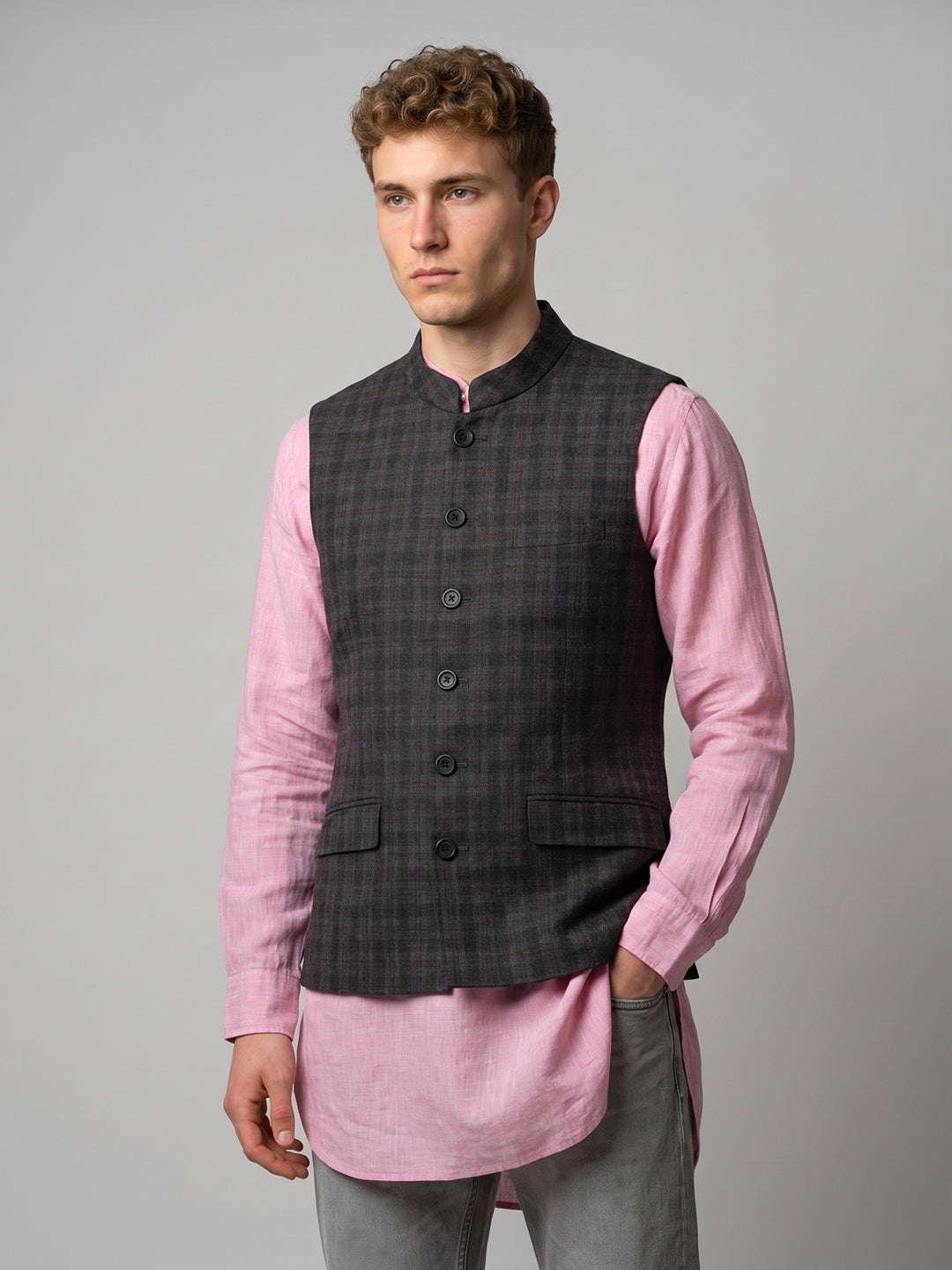 Men Grey Check Mandarin Collar Sleeveless Coat