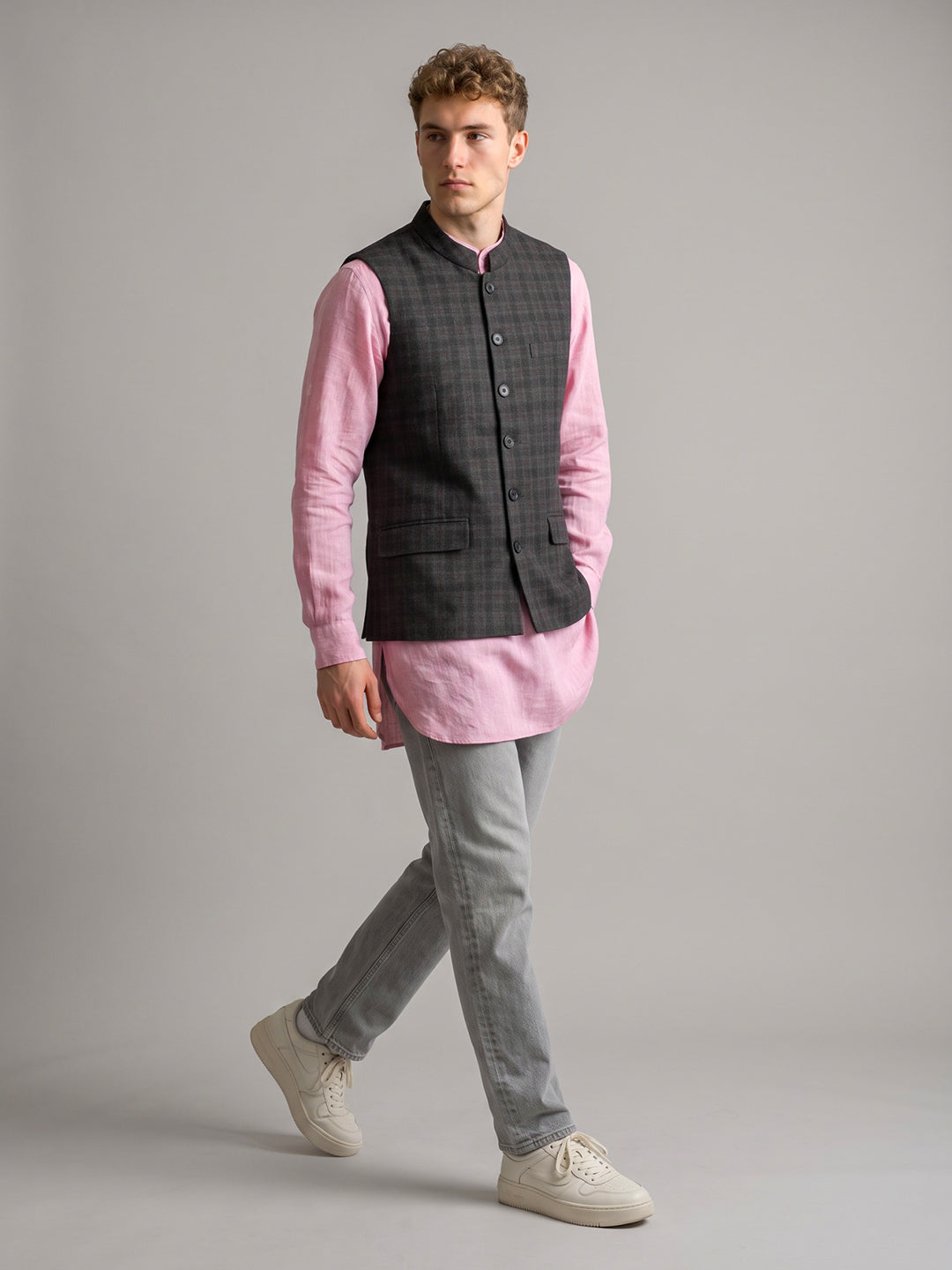 Men Grey Check Mandarin Collar Sleeveless Coat