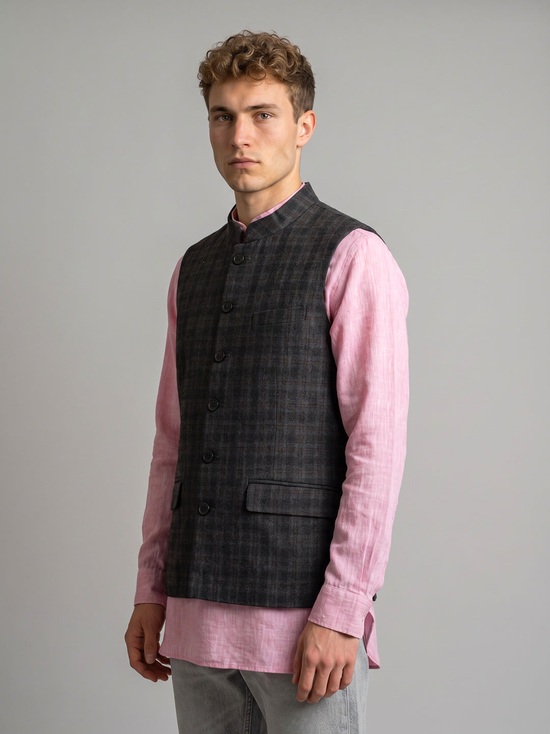 Men Grey Check Mandarin Collar Sleeveless Coat