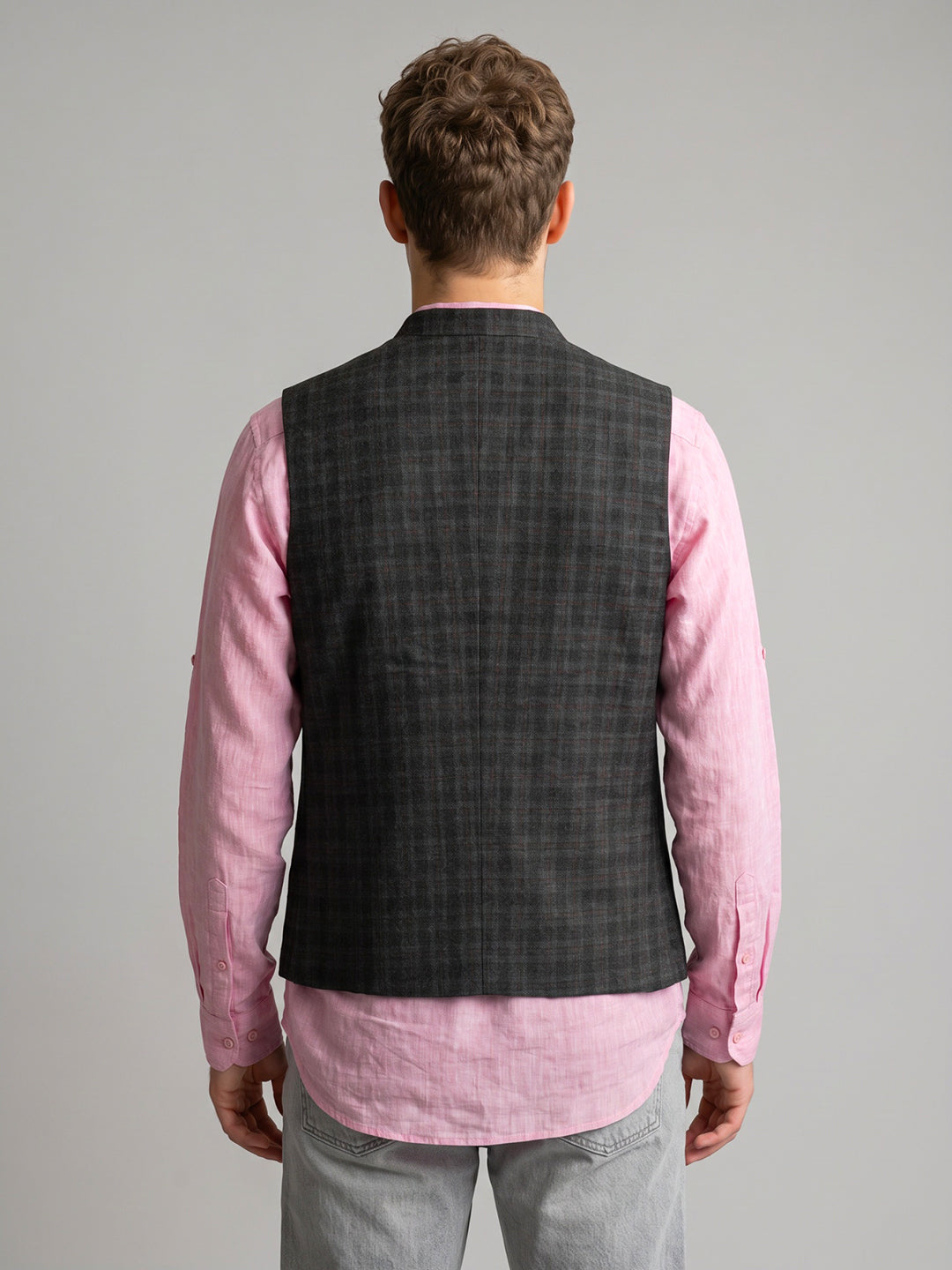 Men Grey Check Mandarin Collar Sleeveless Coat