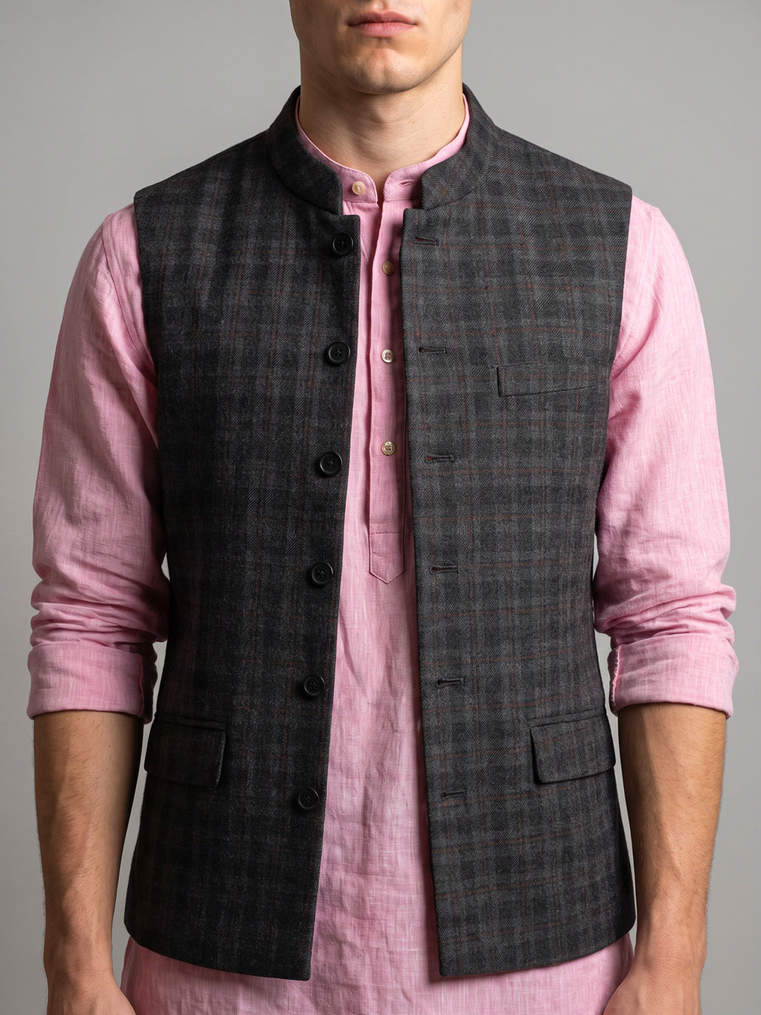 Men Grey Check Mandarin Collar Sleeveless Coat
