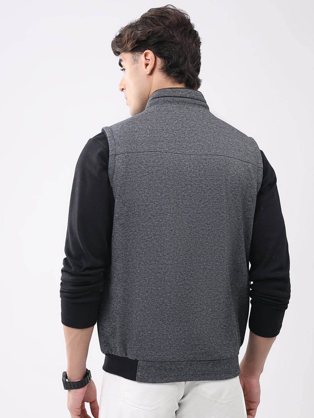 Men Grey Solid Mock Neck Sleeveless Coat