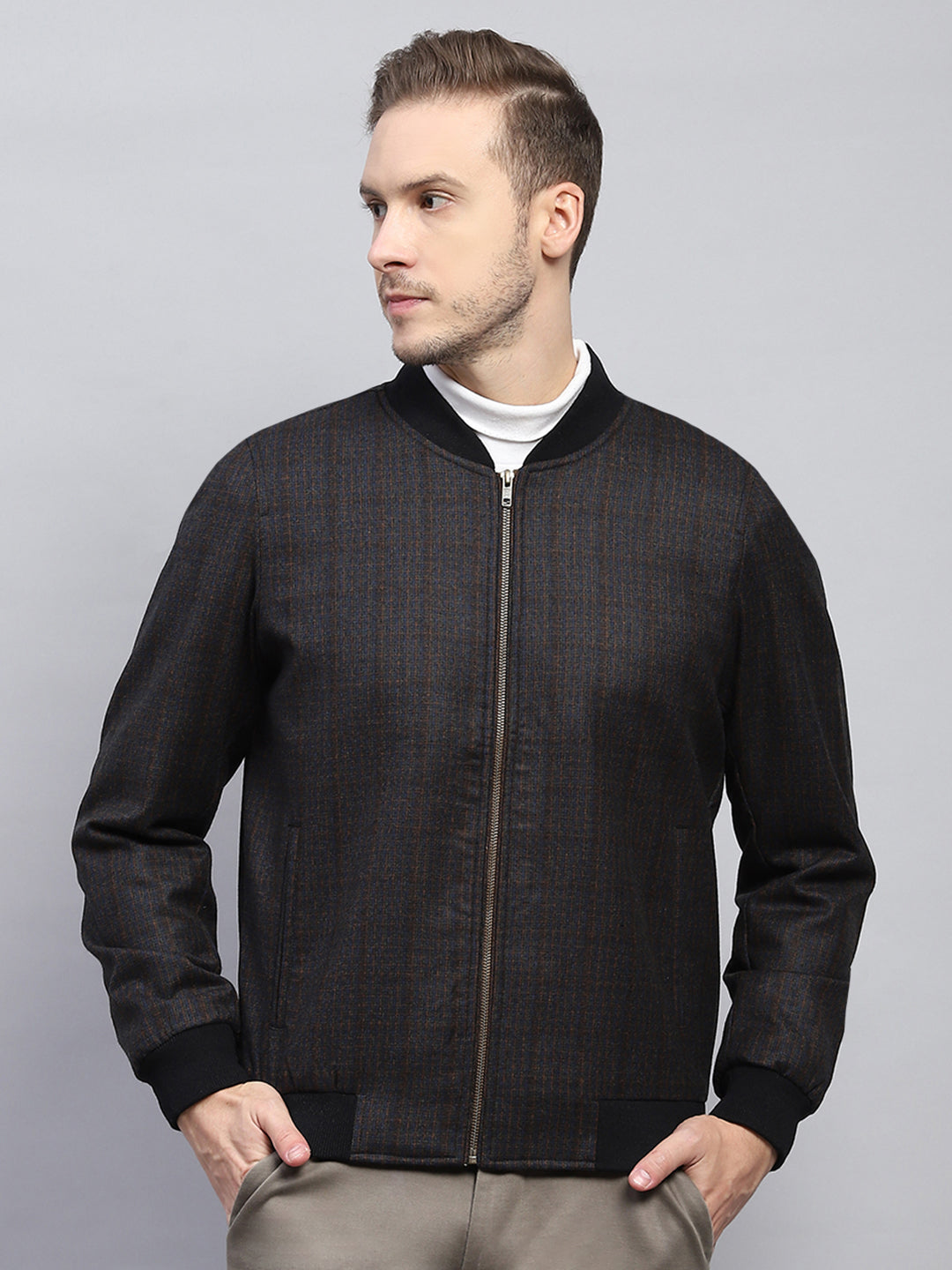 Men Black & Brown Check Round Neck Full Sleeve Coat