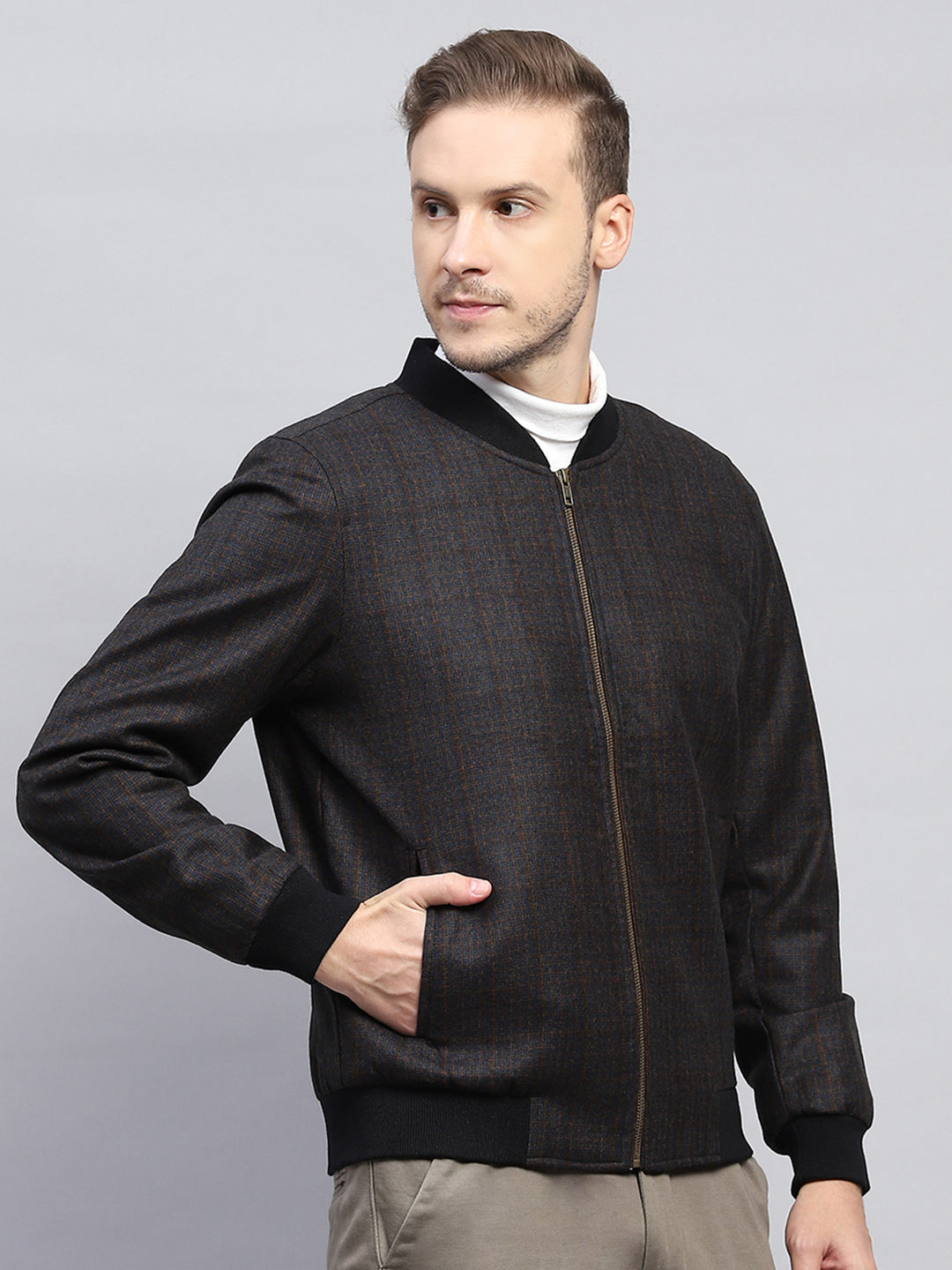 Men Black & Brown Check Round Neck Full Sleeve Coat