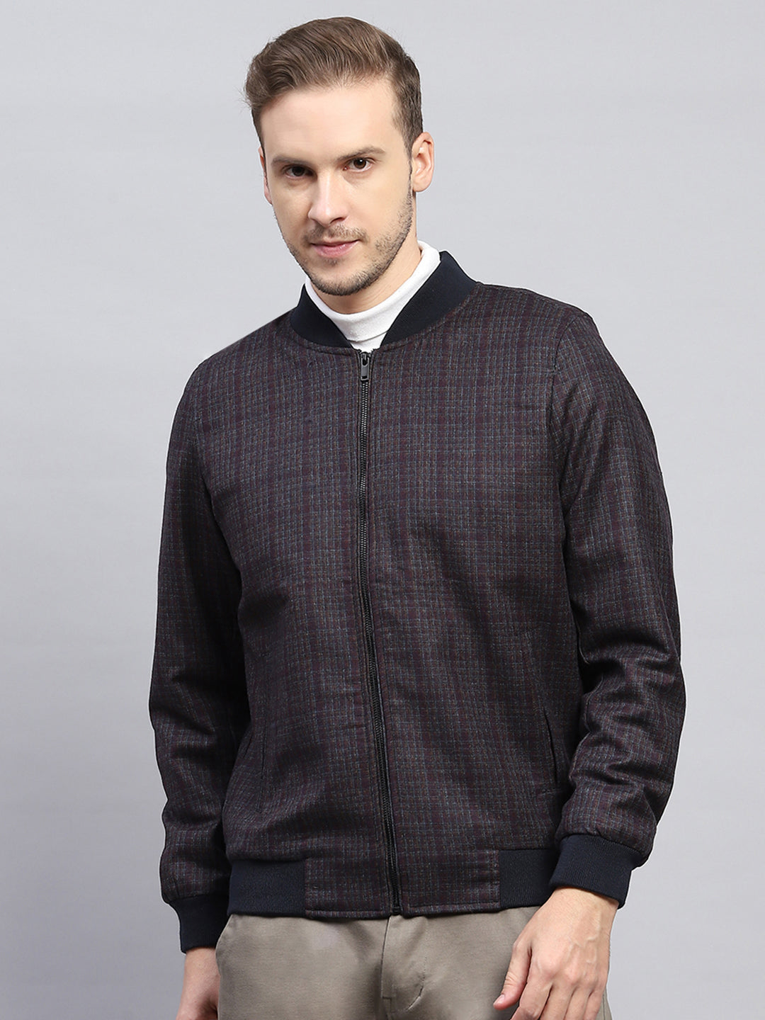 Men Maroon Check Round Neck Full Sleeve Coat