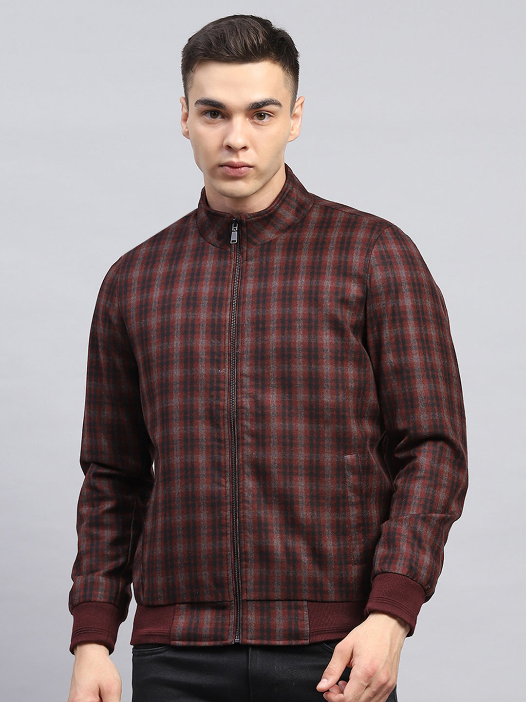 Men Maroon Check Mock Neck Full Sleeve Coat