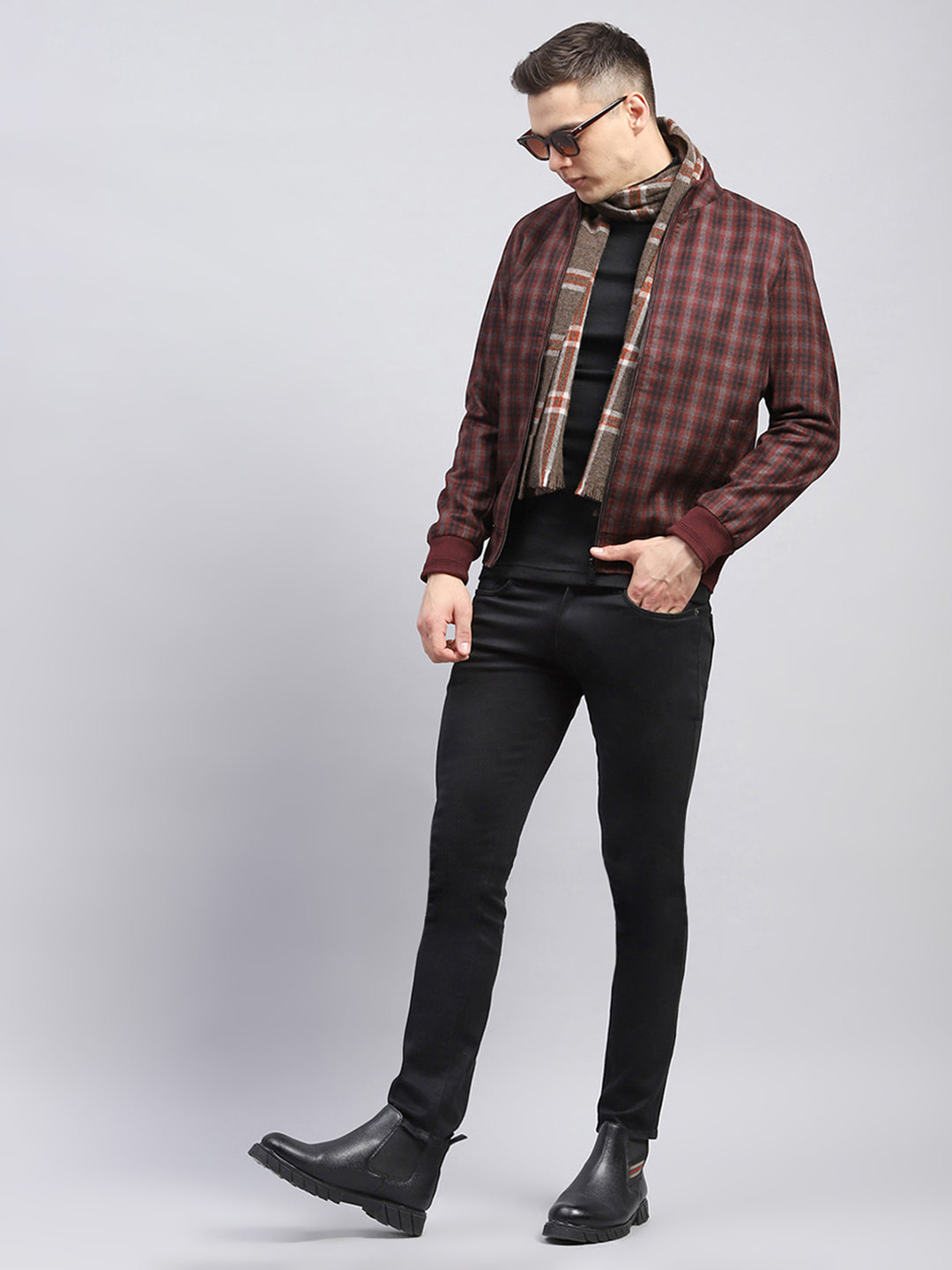 Men Maroon Check Mock Neck Full Sleeve Coat