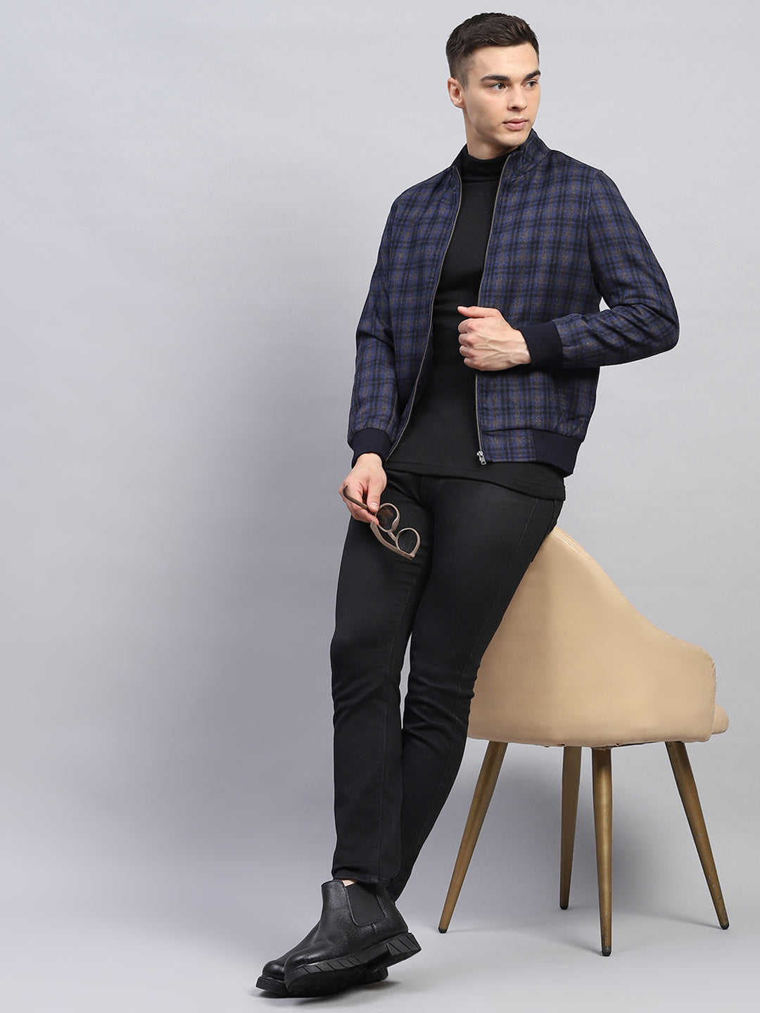 Men Blue Check Mock Neck Full Sleeve Coat