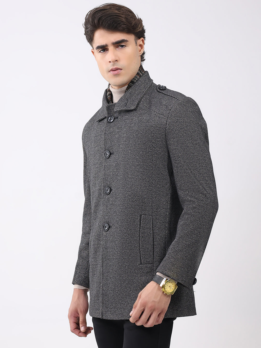 Men Charcoal Self Design Collar Full Sleeve Coat