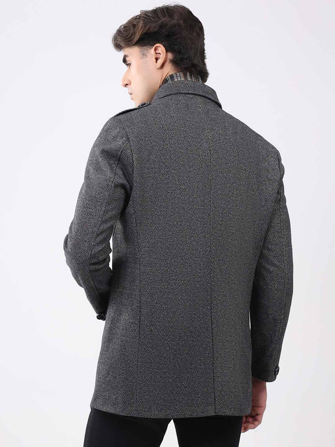 Men Charcoal Self Design Collar Full Sleeve Coat