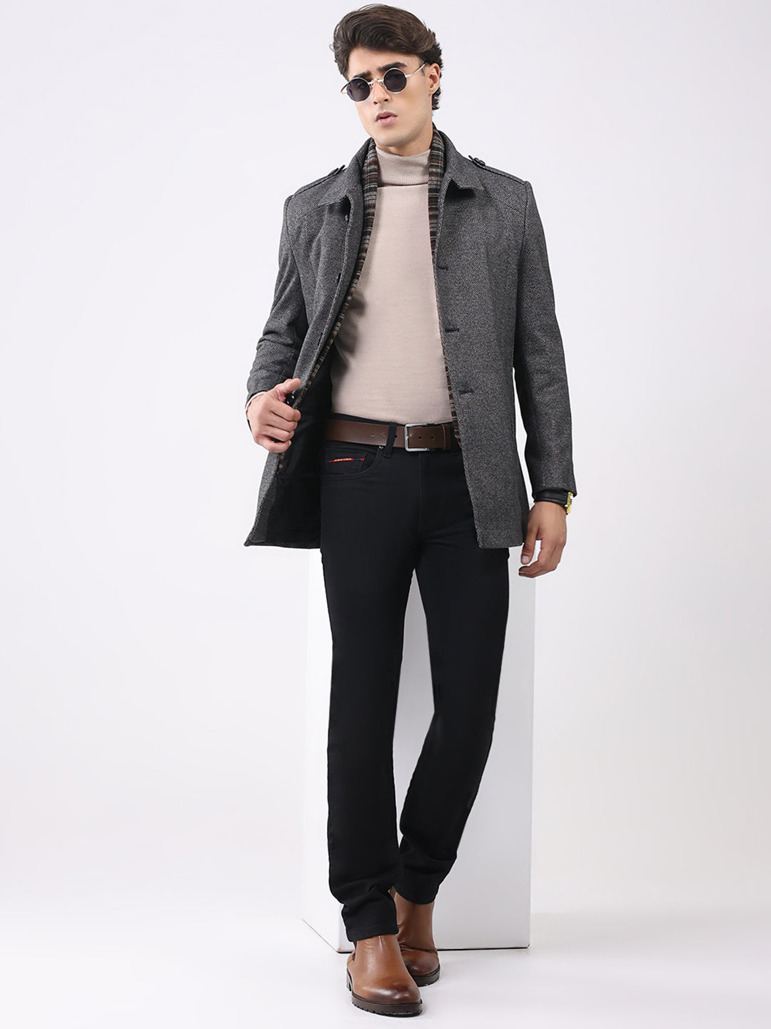 Men Charcoal Self Design Collar Full Sleeve Coat