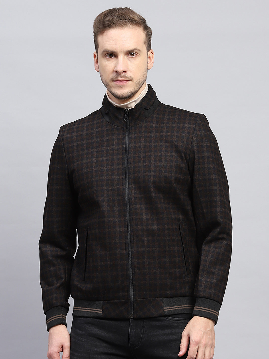 Men Brown Check Mock Neck Full Sleeve Jacket