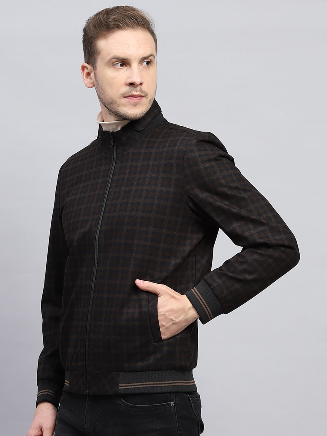 Men Brown Check Mock Neck Full Sleeve Jacket