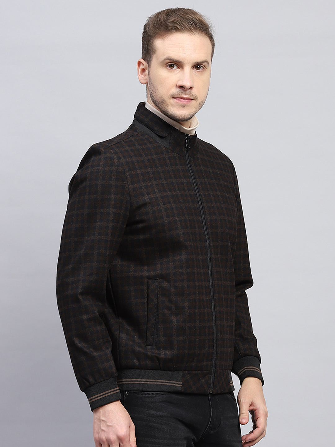 Men Brown Check Mock Neck Full Sleeve Jacket