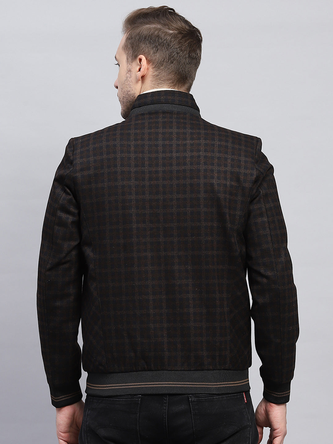 Men Brown Check Mock Neck Full Sleeve Jacket
