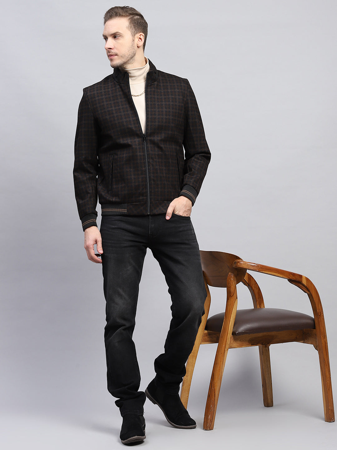 Men Brown Check Mock Neck Full Sleeve Jacket