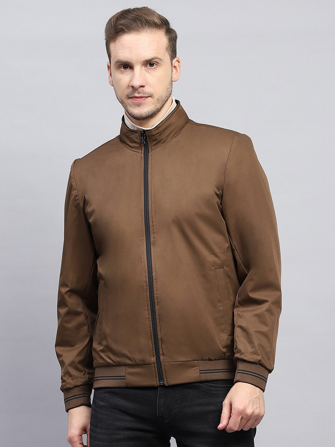 Men Brown Check Mock Neck Full Sleeve Jacket