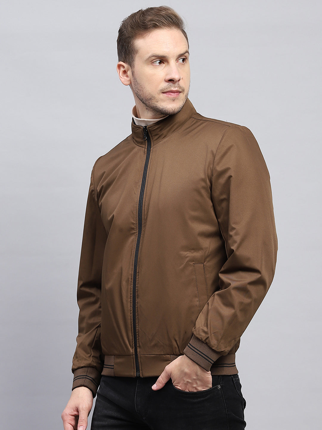 Men Brown Check Mock Neck Full Sleeve Jacket