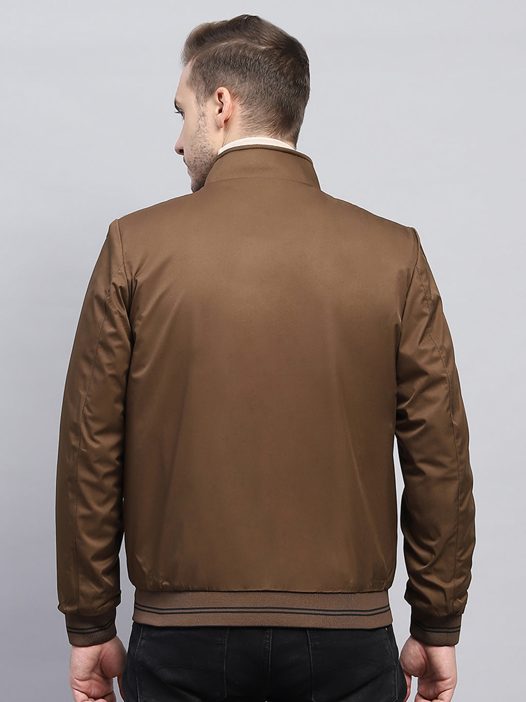 Men Brown Check Mock Neck Full Sleeve Jacket