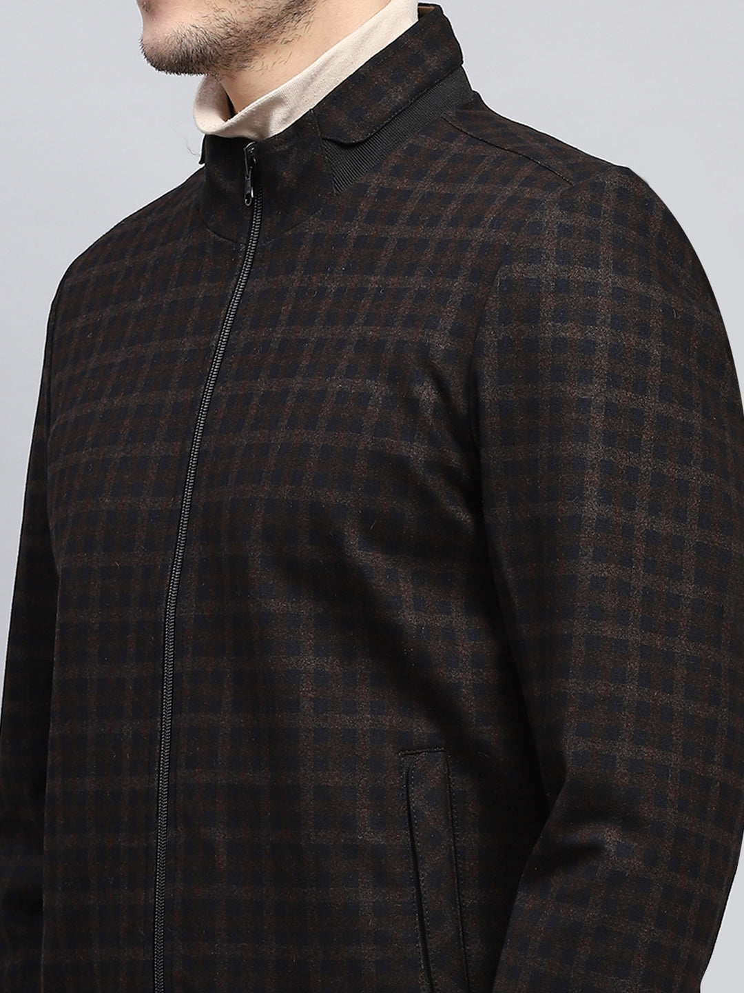 Men Brown Check Mock Neck Full Sleeve Jacket