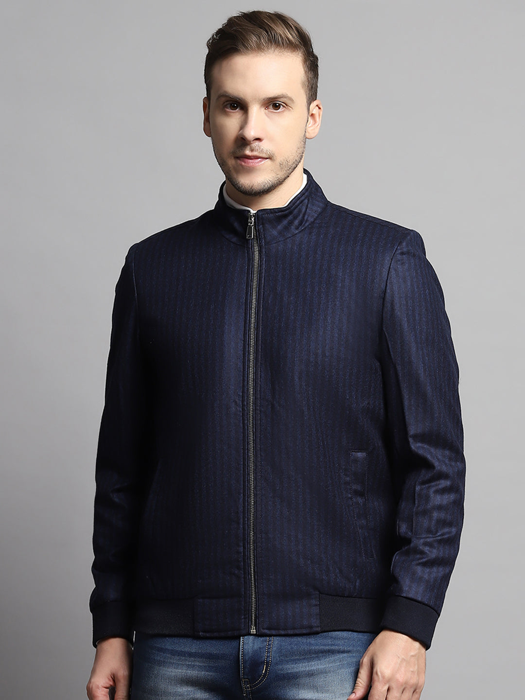 Luxuria Men Blue Stripe Mock Neck Full Sleeve Coat