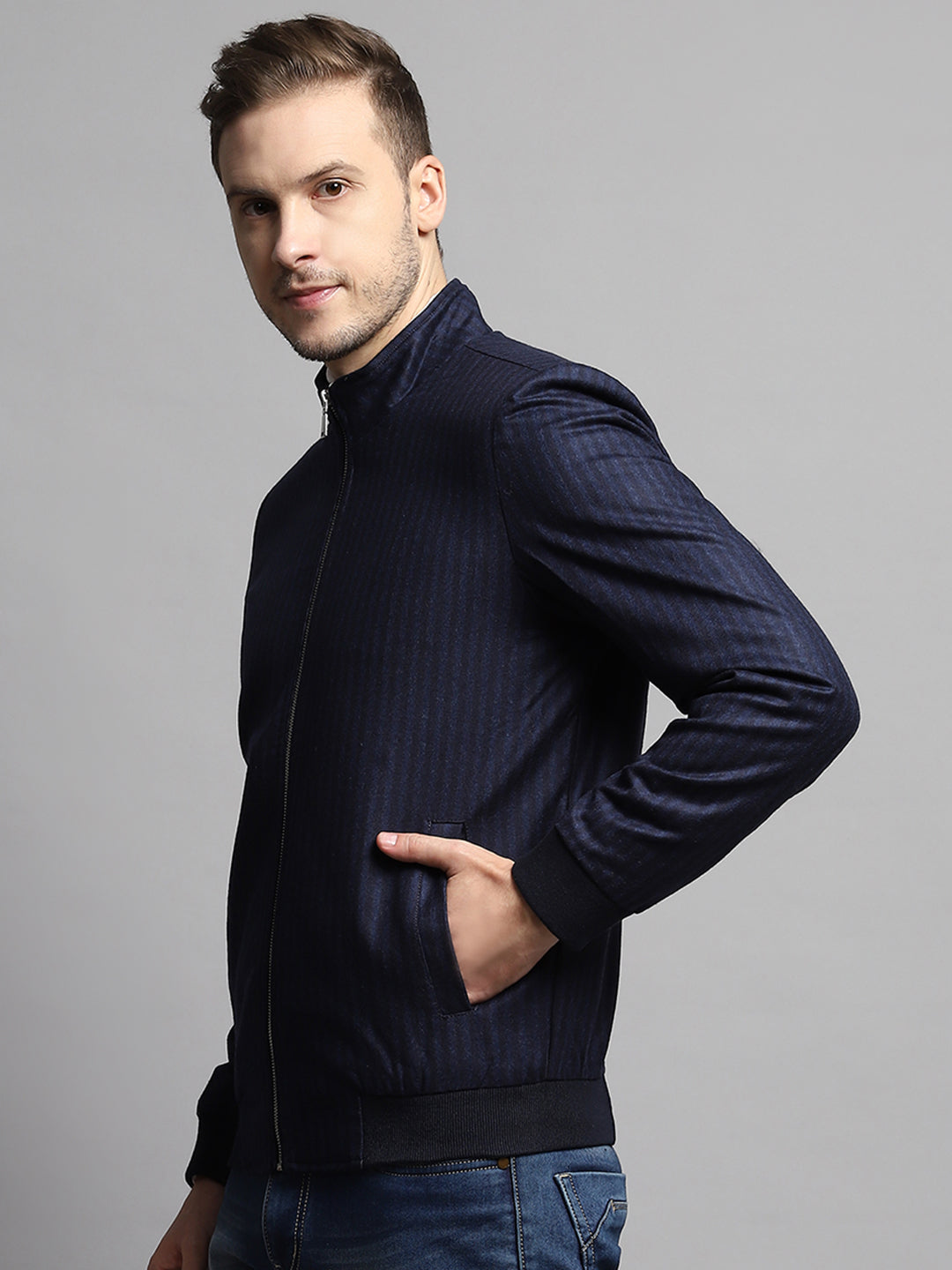 Luxuria Men Blue Stripe Mock Neck Full Sleeve Coat