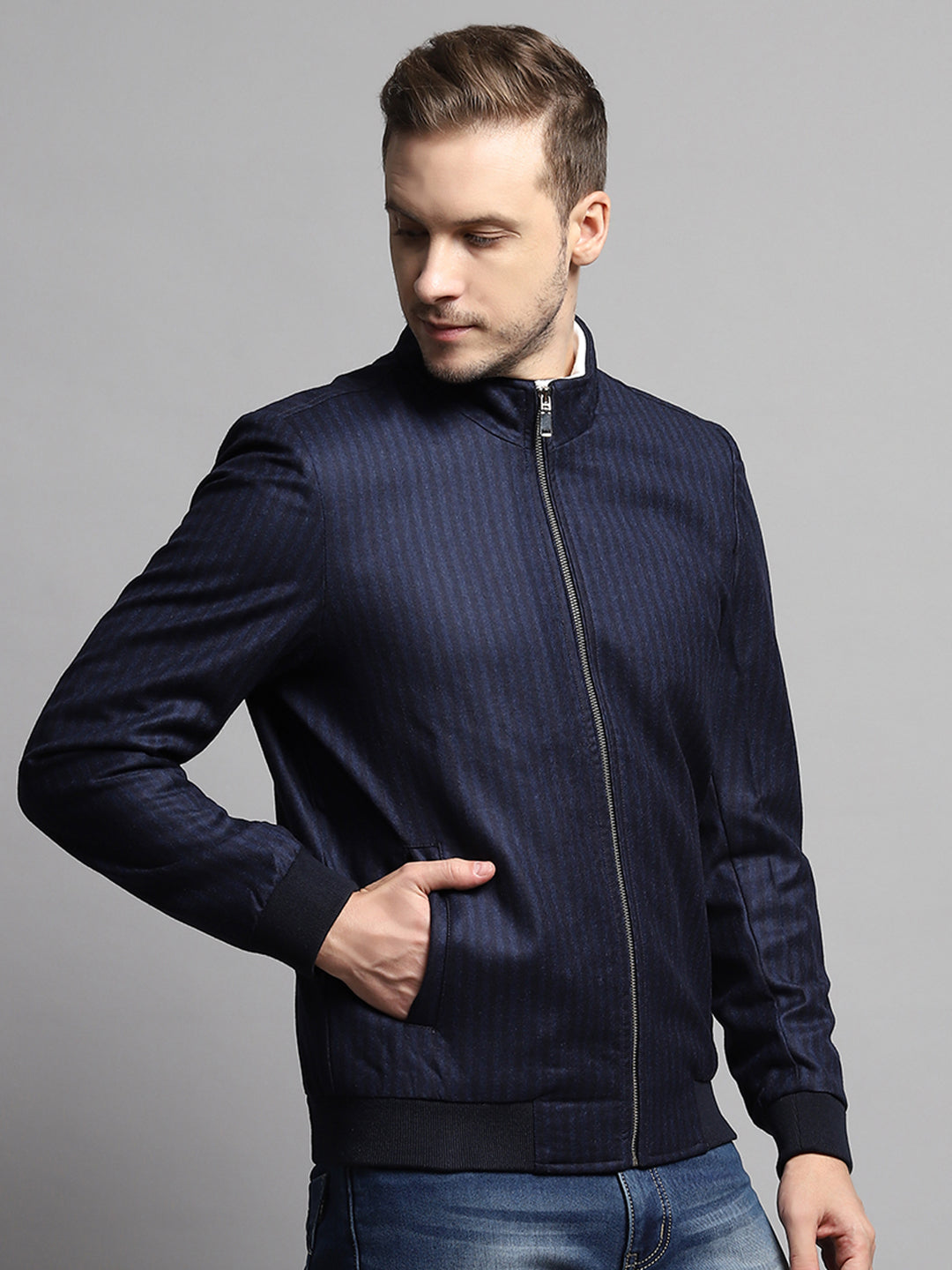 Luxuria Men Blue Stripe Mock Neck Full Sleeve Coat