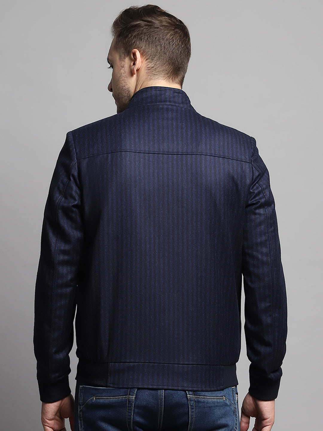 Luxuria Men Blue Stripe Mock Neck Full Sleeve Coat