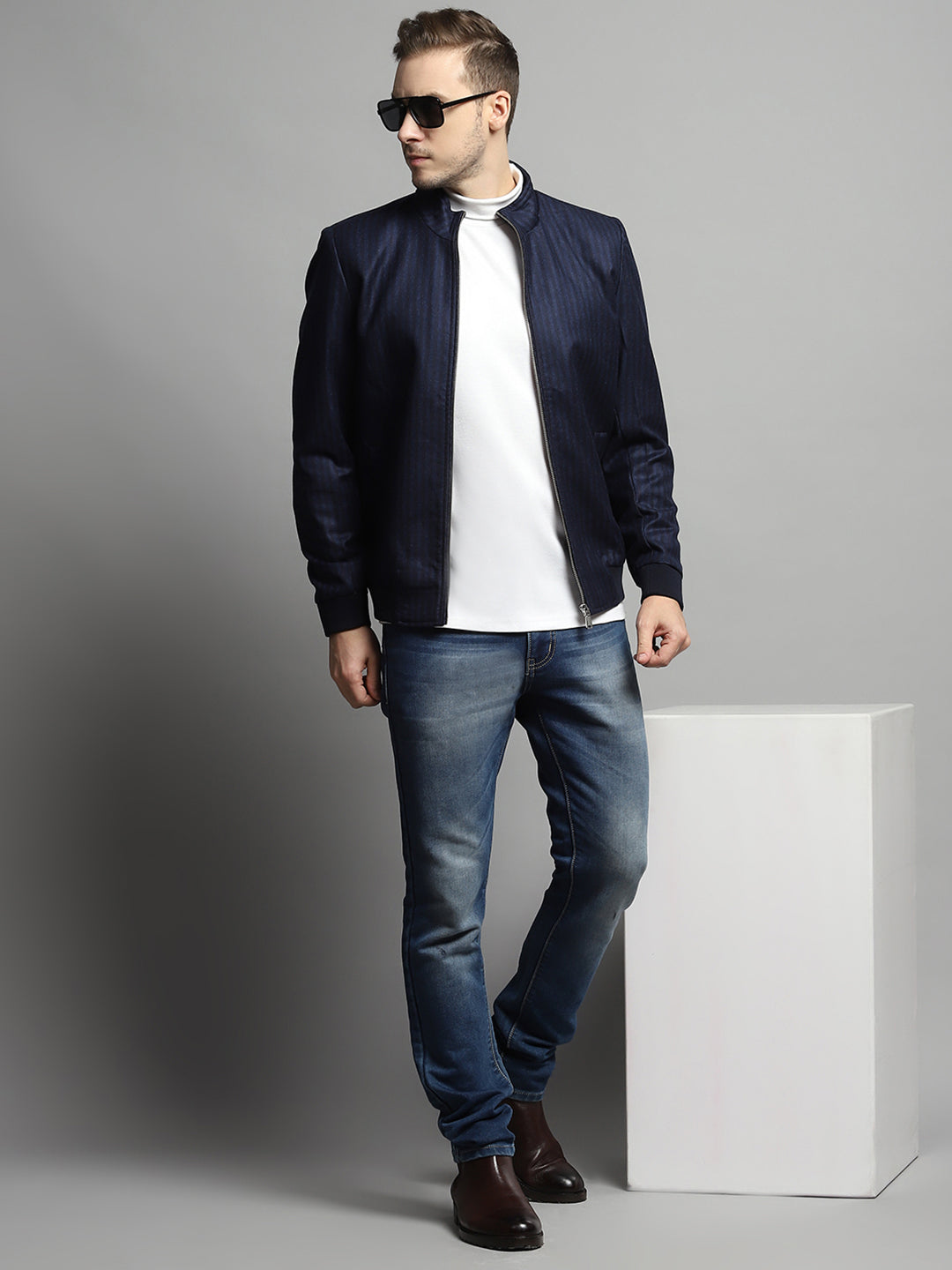 Luxuria Men Blue Stripe Mock Neck Full Sleeve Coat