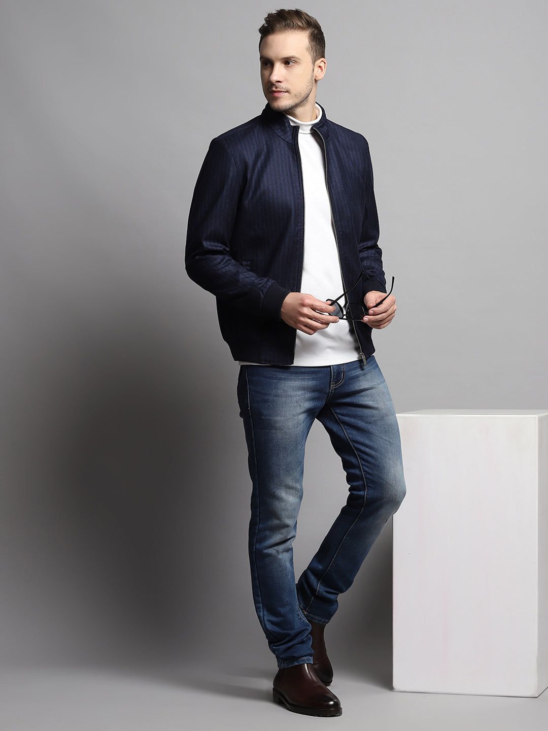 Luxuria Men Blue Stripe Mock Neck Full Sleeve Coat