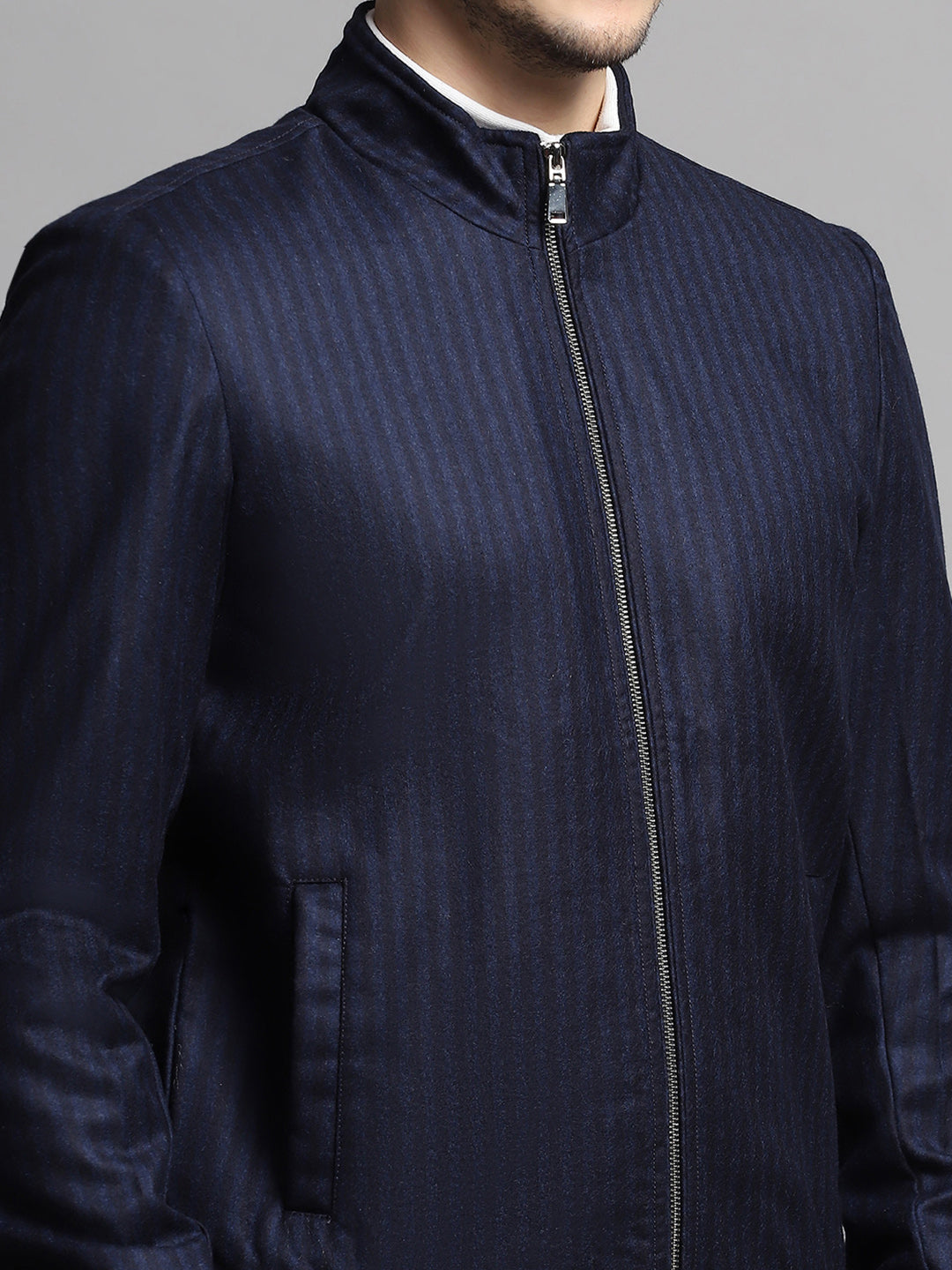 Luxuria Men Blue Stripe Mock Neck Full Sleeve Coat