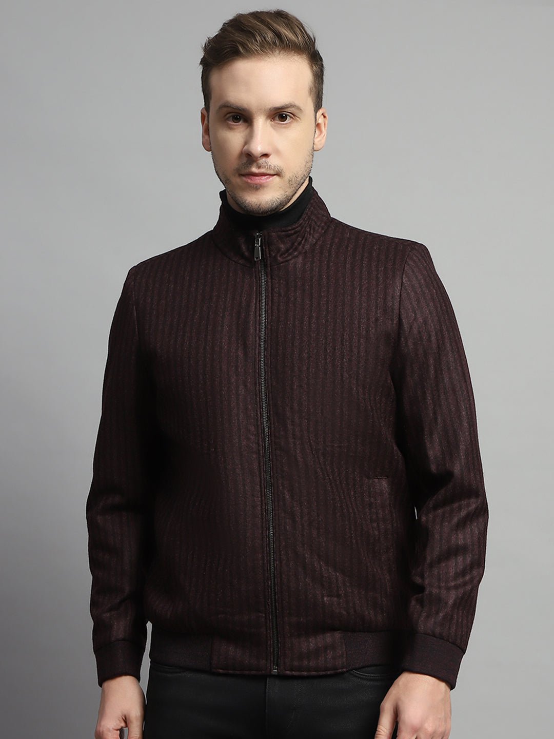 Luxuria Men Maroon Stripe Mock Neck Full Sleeve Coat