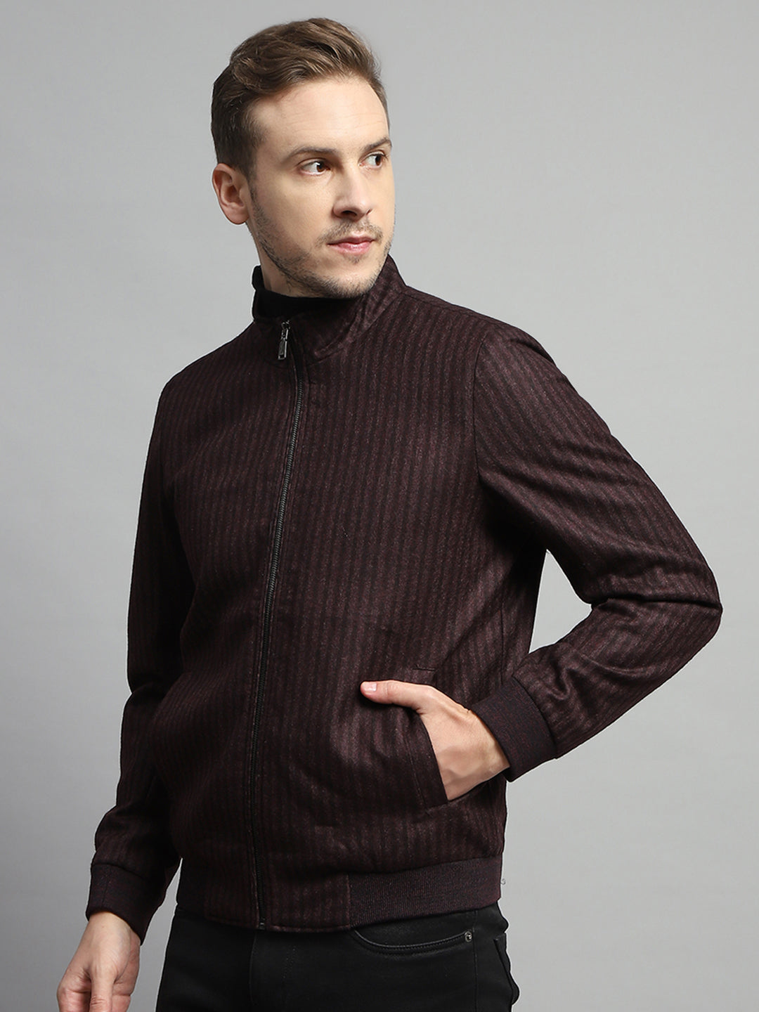 Luxuria Men Maroon Stripe Mock Neck Full Sleeve Coat