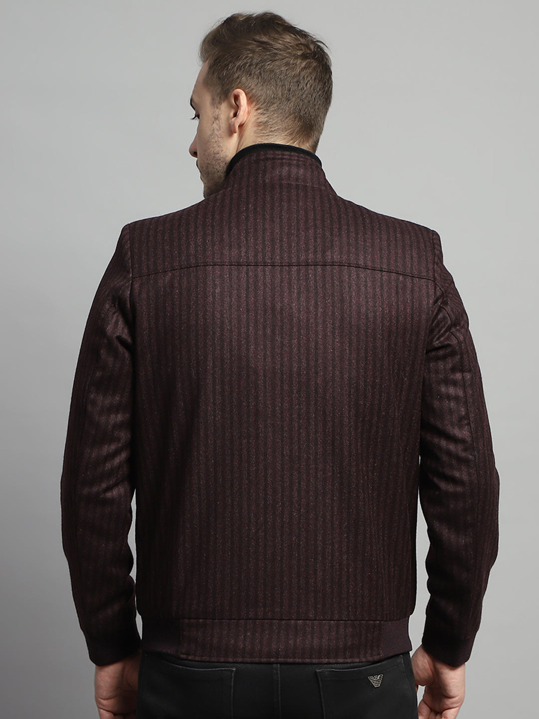 Luxuria Men Maroon Stripe Mock Neck Full Sleeve Coat