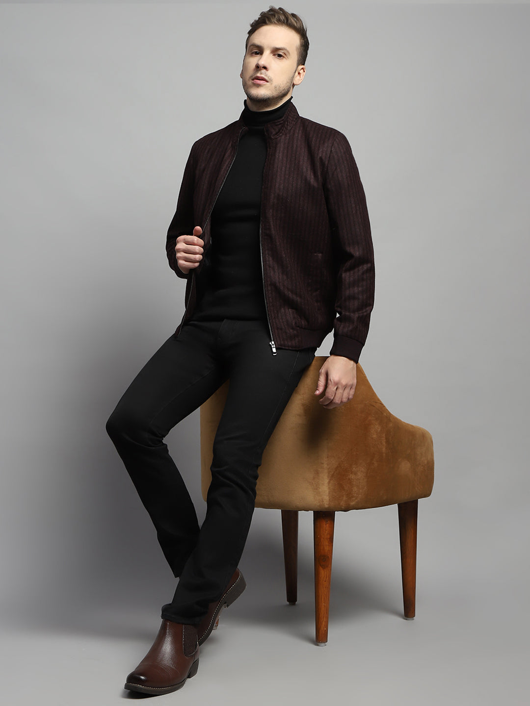 Luxuria Men Maroon Stripe Mock Neck Full Sleeve Coat