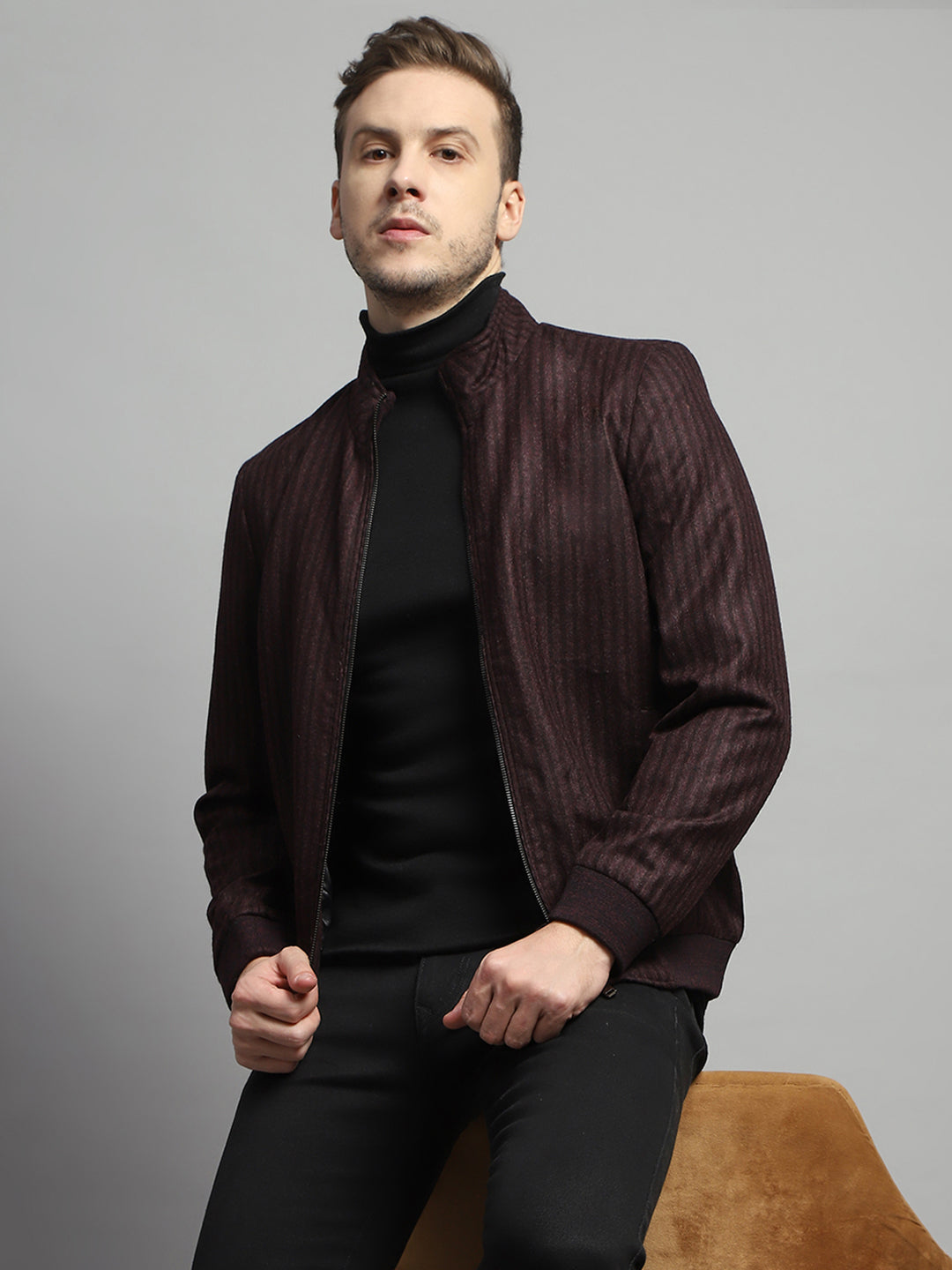 Luxuria Men Maroon Stripe Mock Neck Full Sleeve Coat