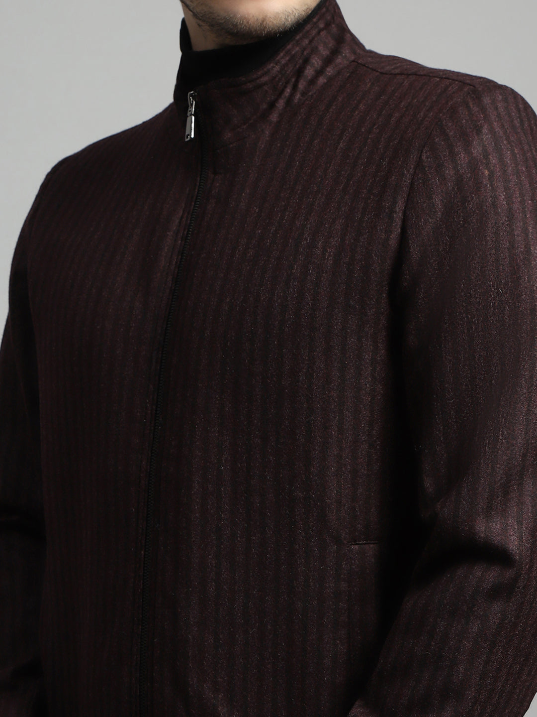 Luxuria Men Maroon Stripe Mock Neck Full Sleeve Coat