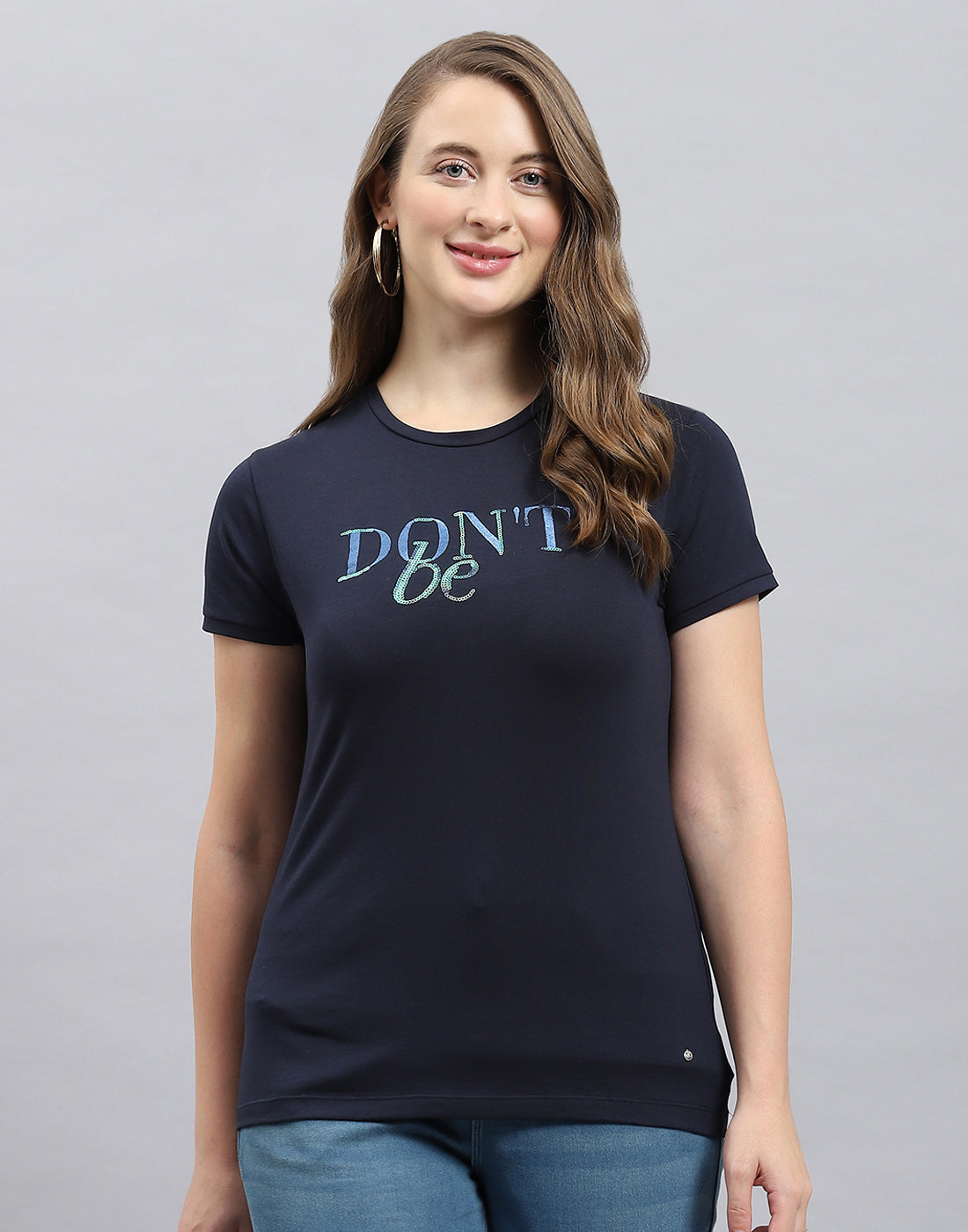 Women Blue Solid Round Neck Half Sleeve Top