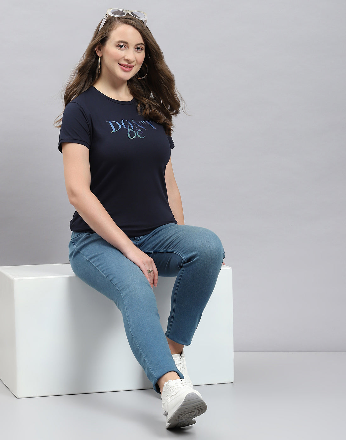 Women Blue Solid Round Neck Half Sleeve Top