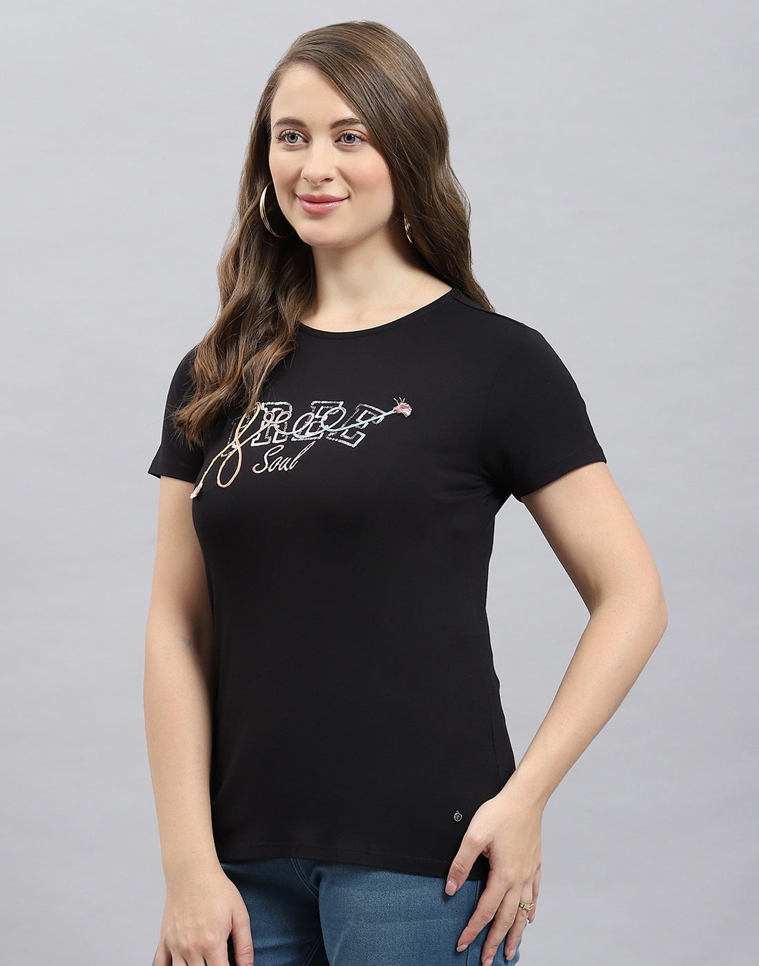 Women Black Solid Round Neck Half Sleeve Top