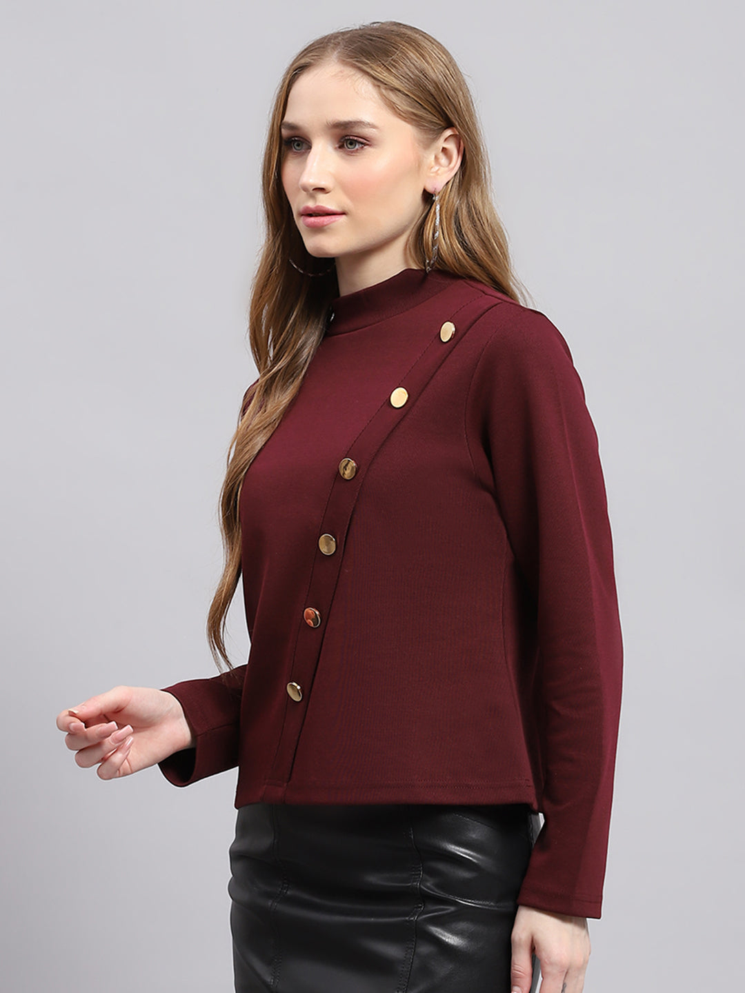 Women Maroon Solid Round Neck Full Sleeve Winter Tops