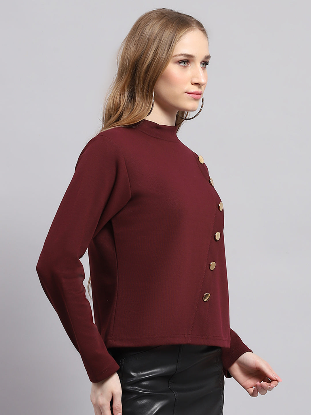 Women Maroon Solid Round Neck Full Sleeve Winter Tops