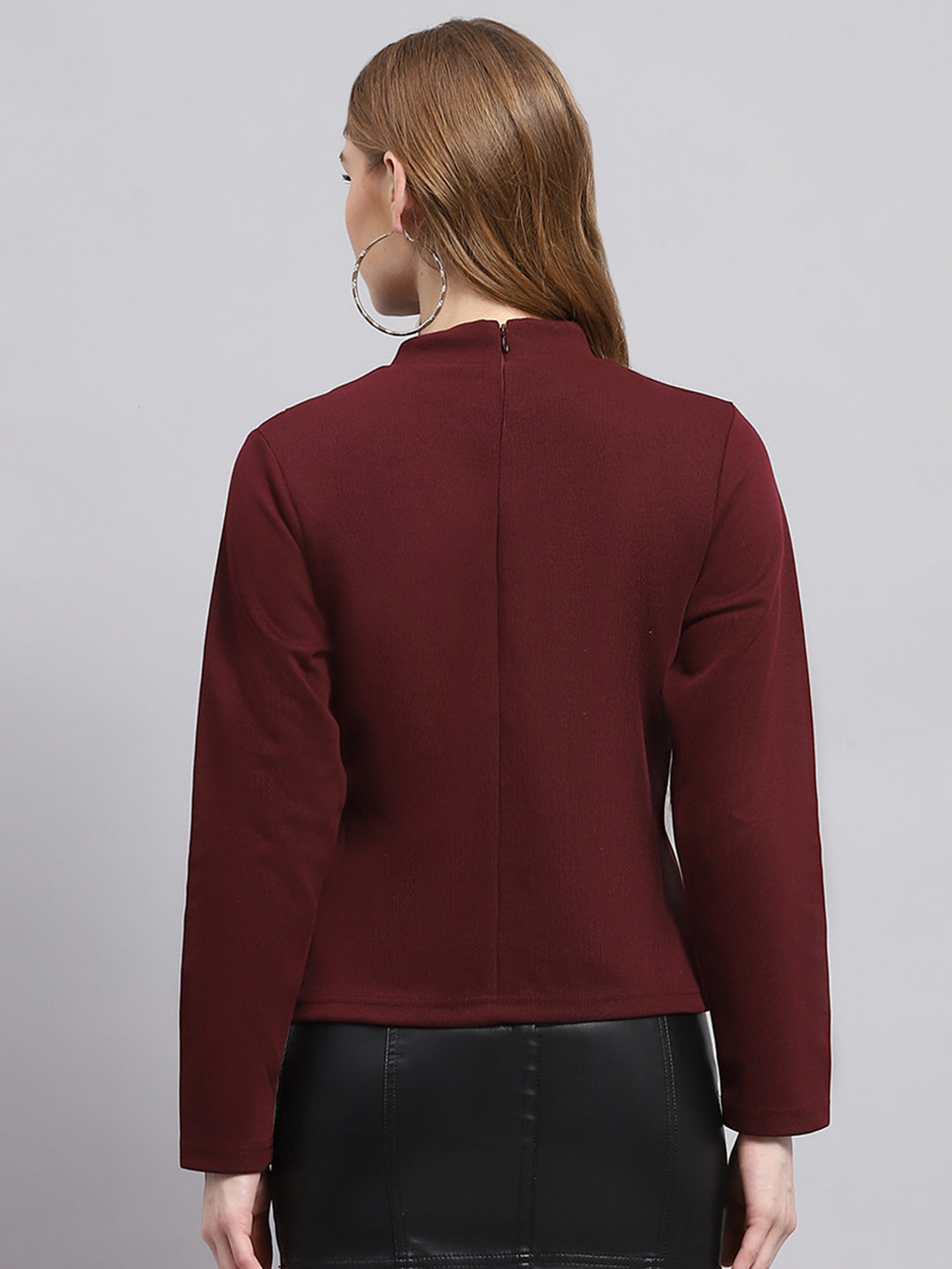 Women Maroon Solid Round Neck Full Sleeve Winter Tops