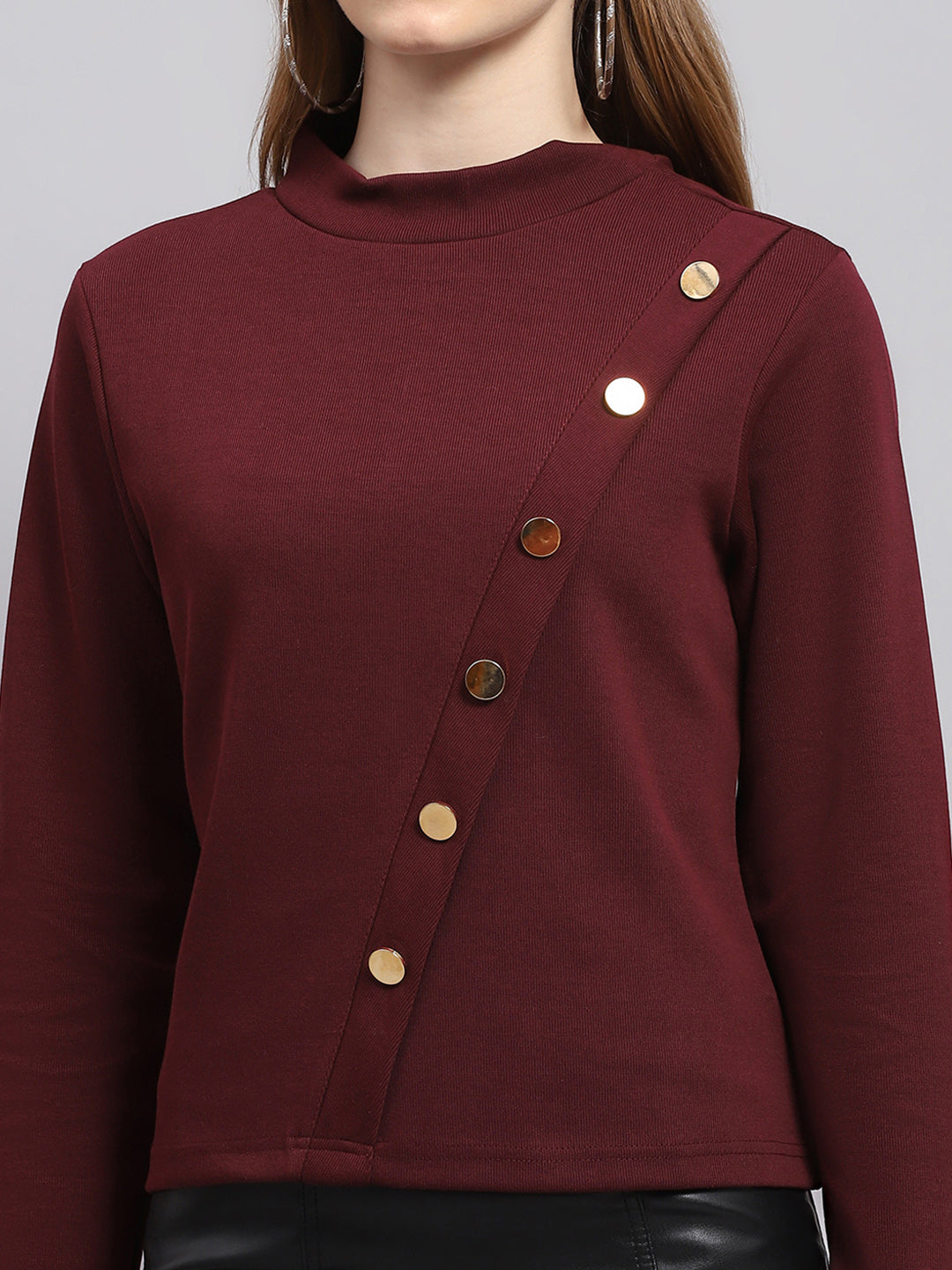 Women Maroon Solid Round Neck Full Sleeve Winter Tops