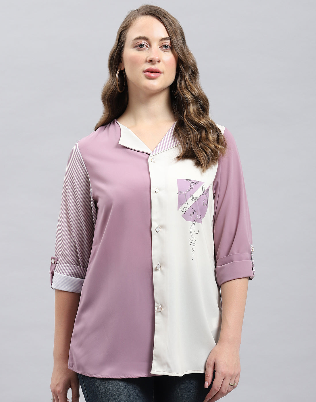 Women Purple Stripe Collar 3/4th Sleeve Top