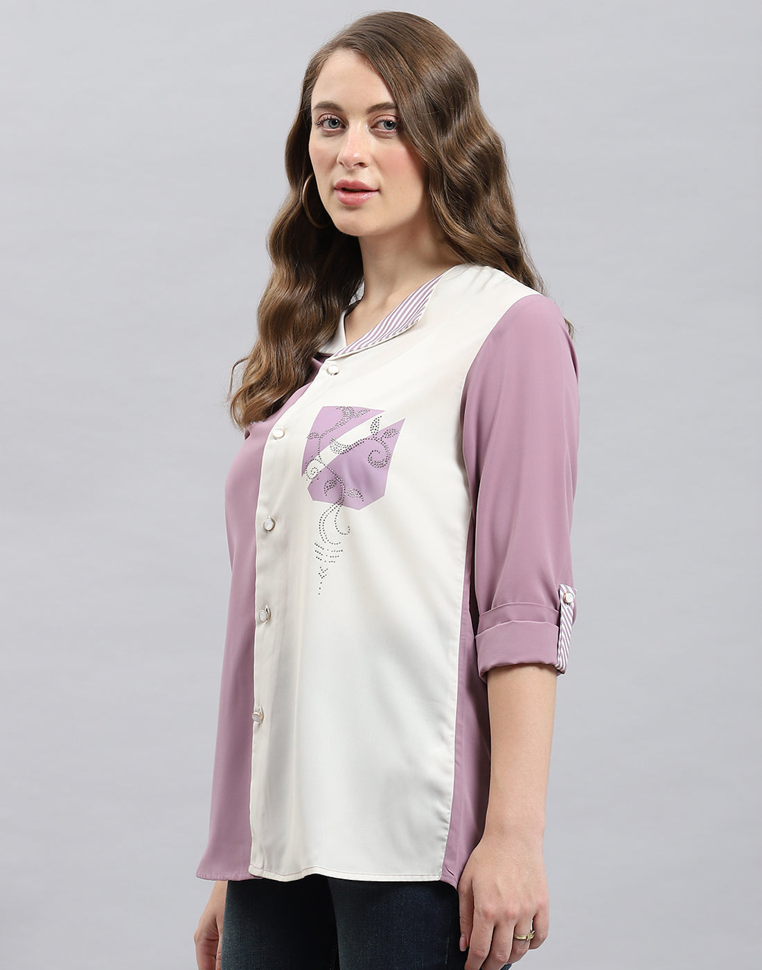 Women Purple Stripe Collar 3/4th Sleeve Top